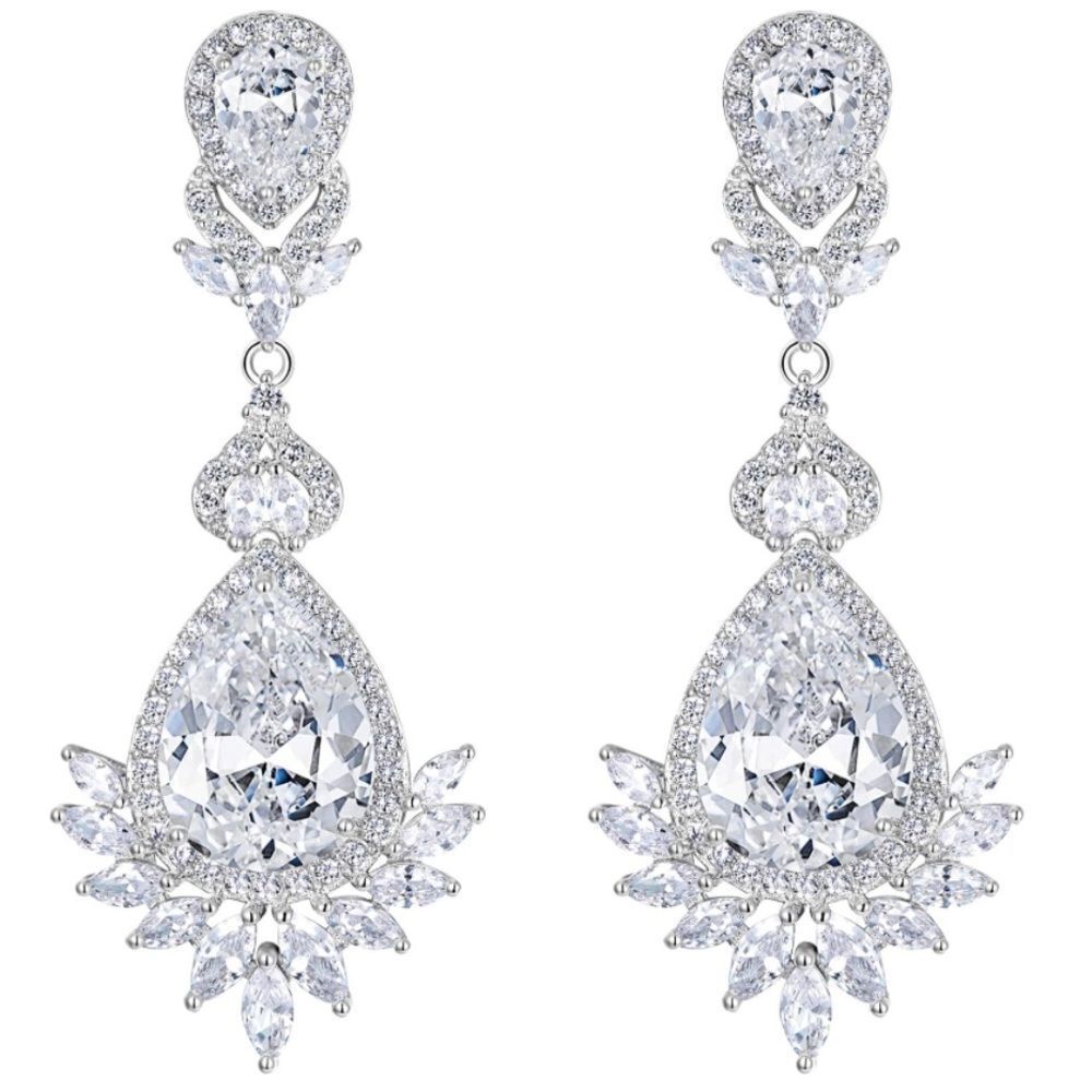 Silver with White Diamond Cubic Zirconia Vintage Style Chandelier Post Earrings